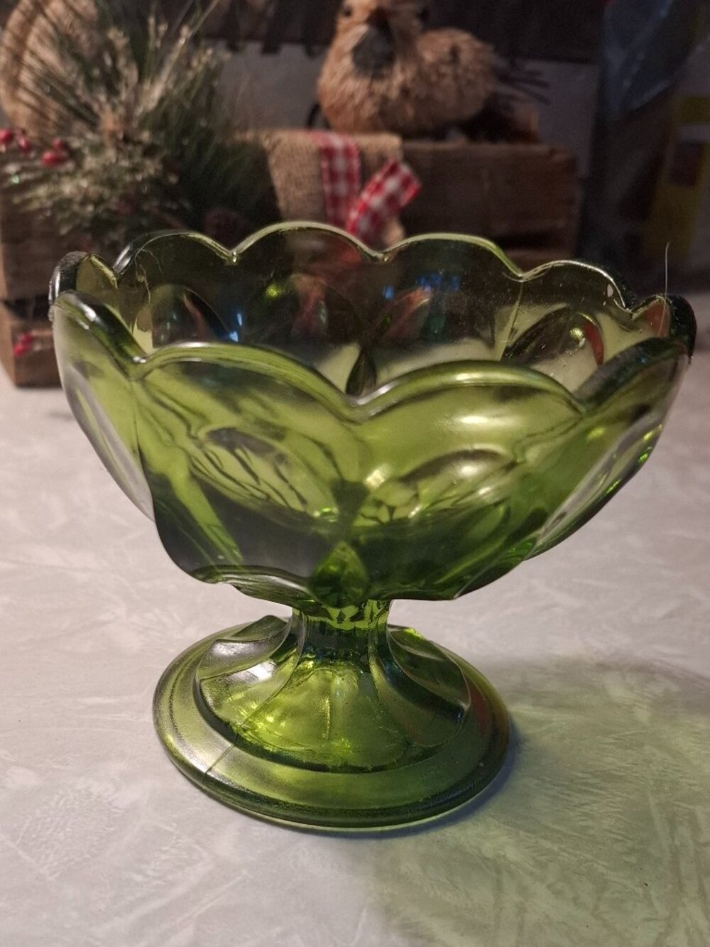Vintage 60's Anchor Hocking Fairfield Avocado Green Pedestal Candy Dessert Dish